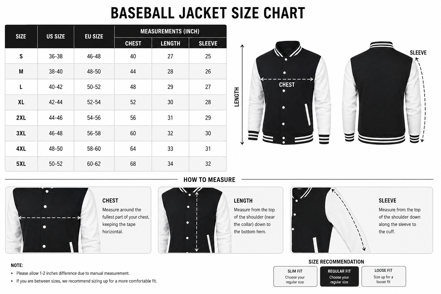 Baseball Jacket Size Chart