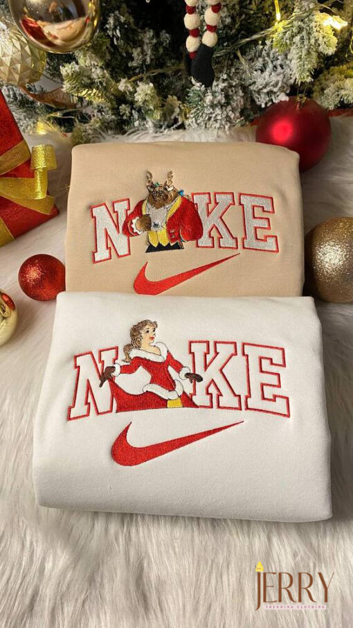 Beauty And The Beast Christmas Nike Embroidered Shirts, Xmas Gift For Couple