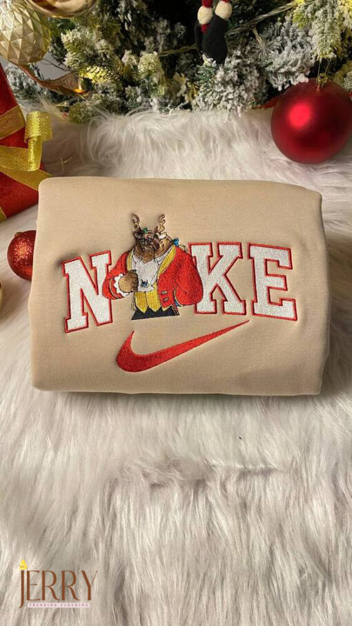 Beauty And The Beast Christmas Nike Embroidered Shirts, Xmas Gift For Couple - Image 3