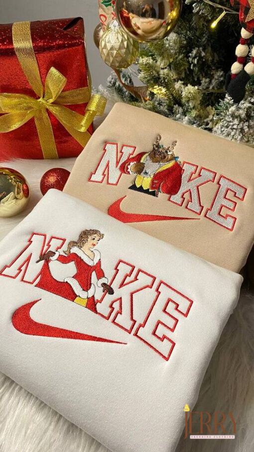 Beauty And The Beast Christmas Nike Embroidered Shirts, Xmas Gift For Couple - Image 4