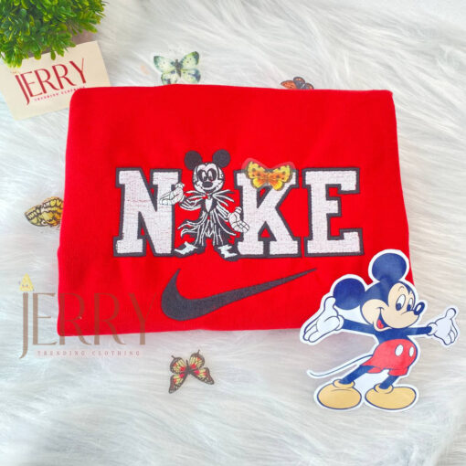 Mickey Jack Skellington And Minnie Sally Disney Halloween Nike Embroidered Sweatshirts - Image 2