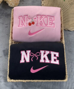 Cute Cherry Pink Bow Embroidered Sweatshirt, Best Gift For Valentines Day