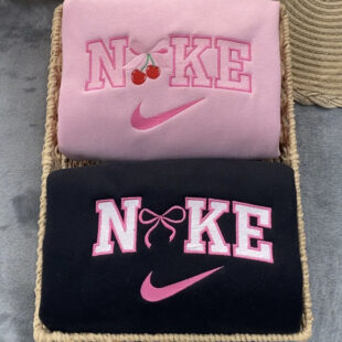Cute Cherry Pink Bow Embroidered Sweatshirt, Best Gift For Valentines Day