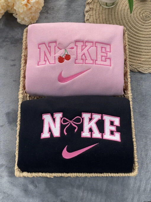 Cute Cherry Pink Bow Embroidered Sweatshirt, Best Gift For Valentines Day