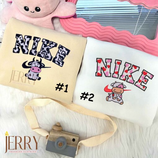 Cute Cow Couple Nike Embroidered Sweatshirt,  Matching Embroidered Hoodies