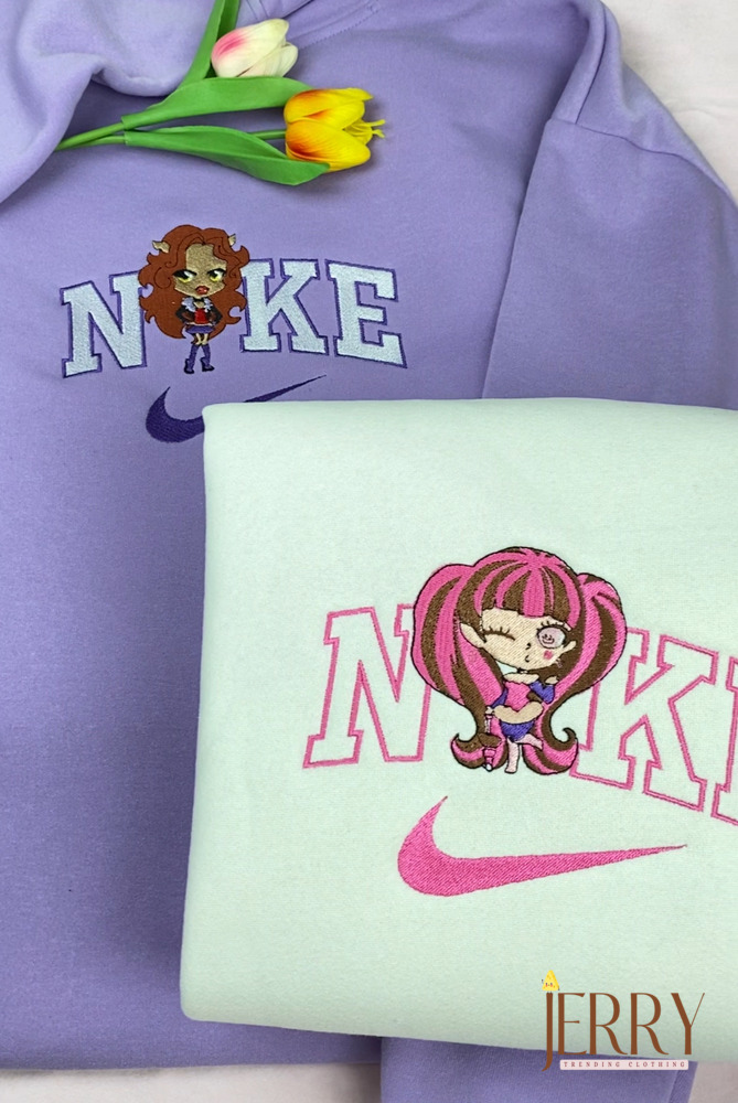 Cute Draculaura And Clawdeen Wolf Chibi Monster High Nike Embroidered Sweatshirt, Best Gift For Besties