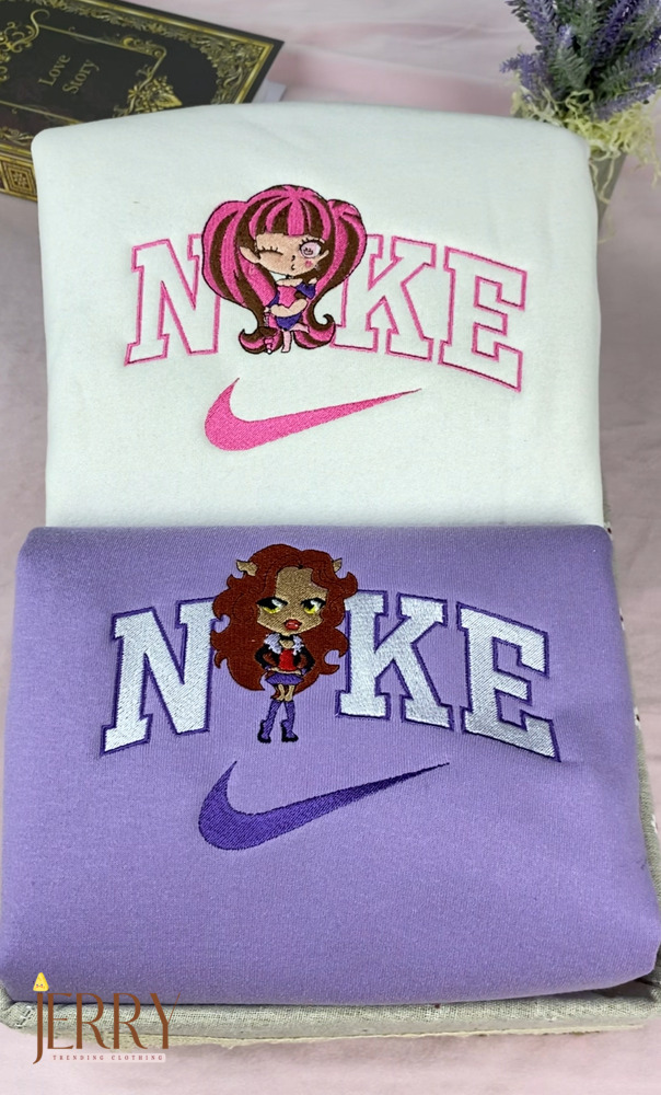 Cute Draculaura And Clawdeen Wolf Chibi Monster High Nike Embroidered Sweatshirt, Best Gift For Besties - Image 4