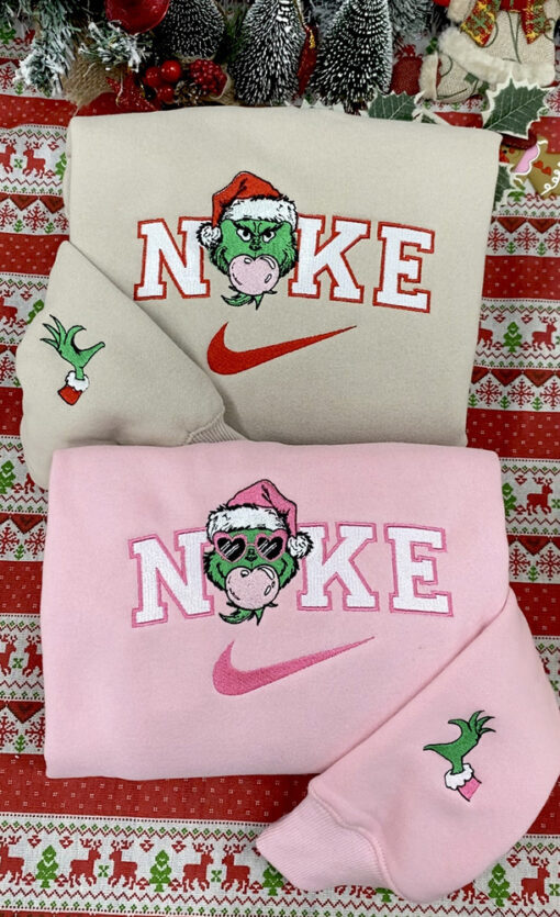 Cute Grichmas Christmas Blowing Bubble Embroidered Sweatshirt, Mr Grinch And Mrs Grinch Nike Embroidered Sweatshirt