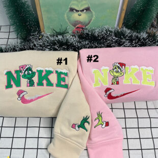 Cute Grinch Christmas Nike Embroidered Sweatshirt, Xmas Gift For Couple