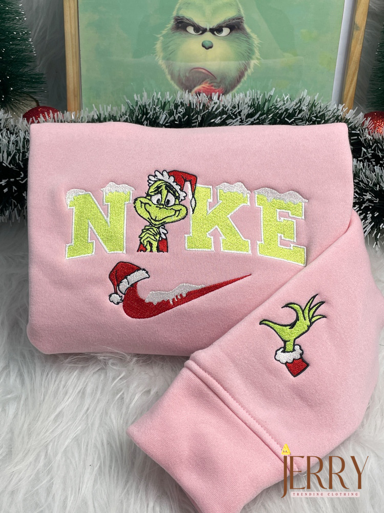Cute Grinch Christmas Nike Embroidered Sweatshirt, Xmas Gift For Couple - Image 2