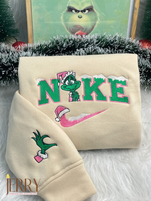 Cute Grinch Christmas Nike Embroidered Sweatshirt, Xmas Gift For Couple - Image 3