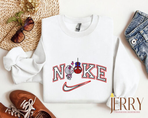 Cute Hello Kitty And Spiderman  Nike Embroidered Sweatshirt, Valentines Day Gift For Couple