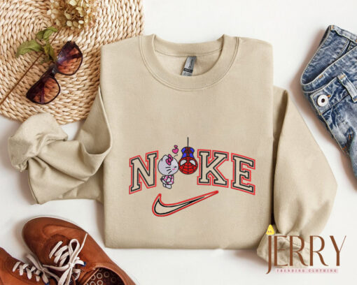 Cute Hello Kitty And Spiderman  Nike Embroidered Sweatshirt, Valentines Day Gift For Couple - Image 2