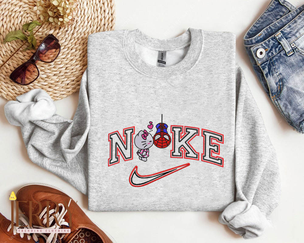 Cute Hello Kitty And Spiderman Nike Embroidered Sweatshirt, Valentines Day Gift For Couple - Image 3