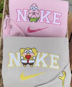 Cute Spongebob And Patrick Nike Embroidered Sweatshirt, Valentines Day Gift, Best Gift For Valentines Day, Matching Embroidered Sweatshirt