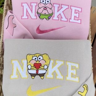 Cute Spongebob And Patrick Nike Embroidered Sweatshirt, Valentines Day Gift, Best Gift For Valentines Day, Matching Embroidered Sweatshirt