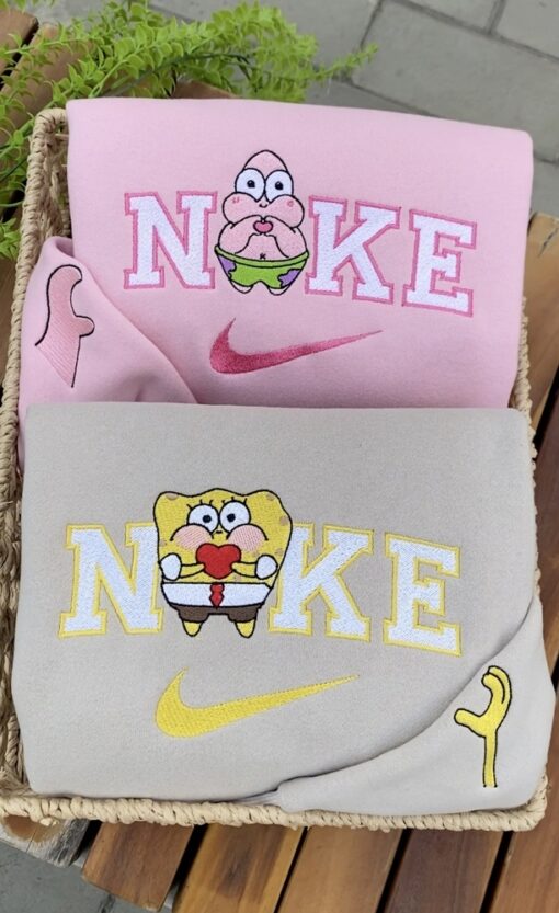 Cute Spongebob And Patrick Nike Embroidered Sweatshirt, Valentines Day Gift, Best Gift For Valentines Day, Matching Embroidered Sweatshirt