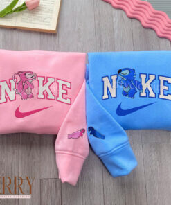 Cute Stitch And Angel Disney Nike Embroidered Sweatshirt, Couples Embroidered Hoodies