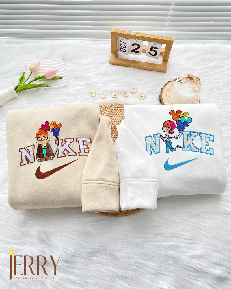 Cute Young Carl And Ellie Up Movie Disney Nike Embroidered Shirt, Matching Embroidered Hoodies