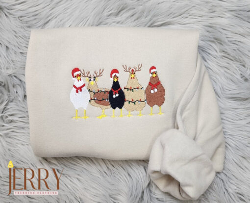 Embroidered Christmas Chickens Sweatshirt - Funny Christmas Chickens Embroidered Unisex Sweatshirt or Hooded Sweatshirt