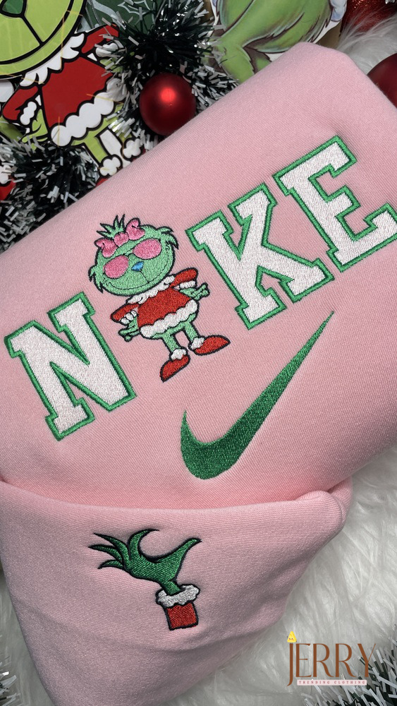 Grinch Boy And Grinch Girl Christmas Nike Embroidered Sweatshirt, Xmas Gift for Family - Image 2