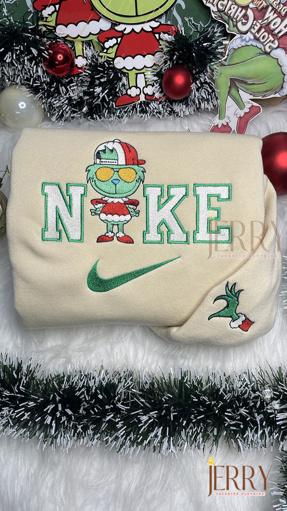 Grinch Boy And Grinch Girl Christmas Nike Embroidered Sweatshirt, Xmas Gift for Family - Image 4