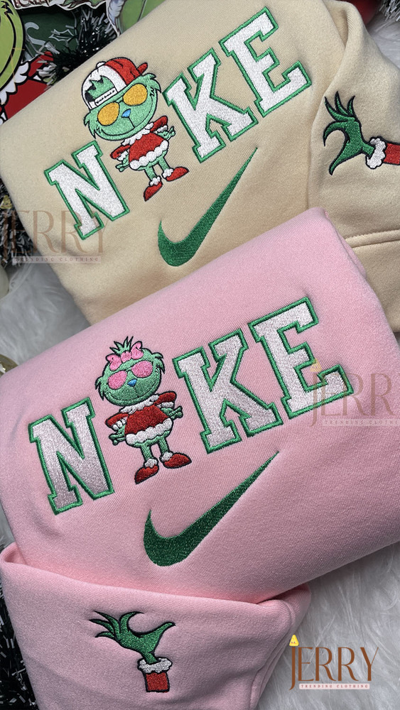 Grinch Boy And Grinch Girl Christmas Nike Embroidered Sweatshirt, Xmas Gift for Family - Image 5