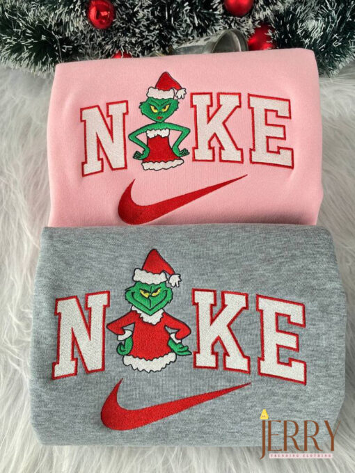Grinch Couple Christmas Nike Embroidered Sweatshirt, Christmas Gift For Couple - Image 2