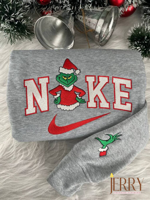 Grinch Couple Christmas Nike Embroidered Sweatshirt, Christmas Gift For Couple - Image 3