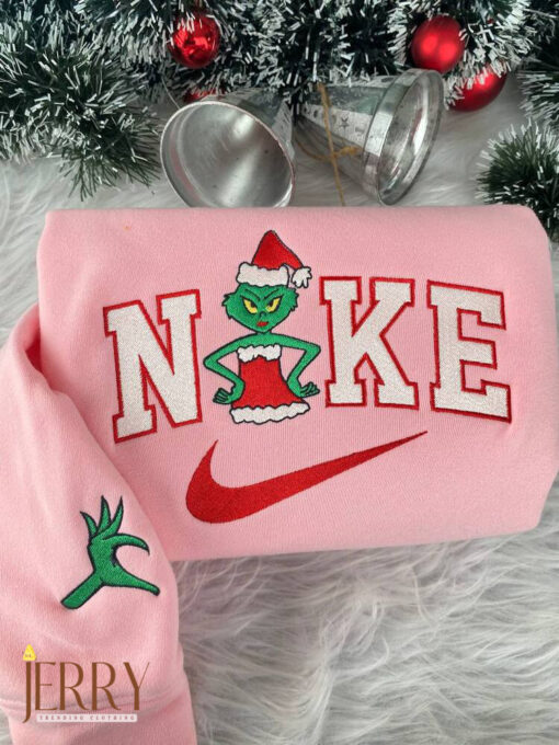 Grinch Couple Christmas Nike Embroidered Sweatshirt, Christmas Gift For Couple - Image 4