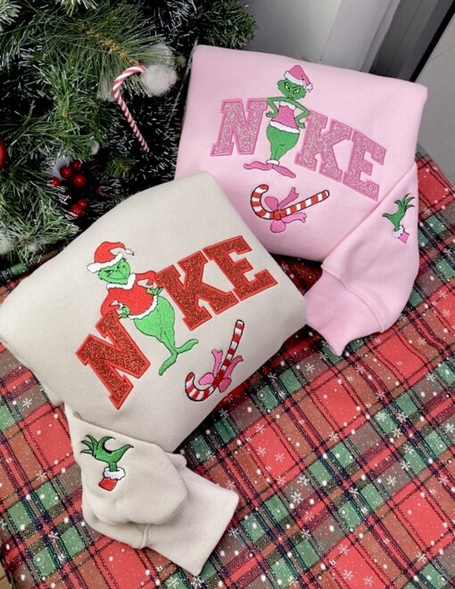 Grinch Nike Appliqu? Embroidered Sweatshirt, Christmas Embroidery Sweatshirt, Grinch Nike Embroidered Sweatshirt
