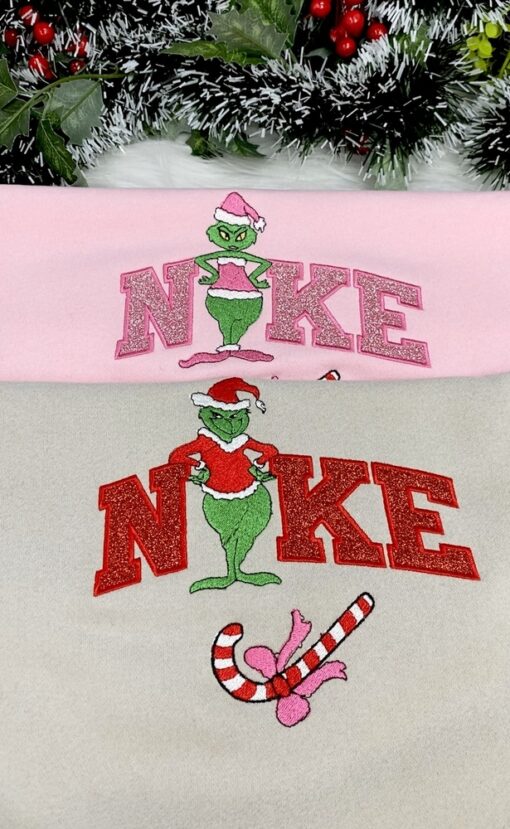 Grinch Nike Appliqu? Embroidered Sweatshirt, Christmas Embroidery Sweatshirt, Grinch Nike Embroidered Sweatshirt - Image 2