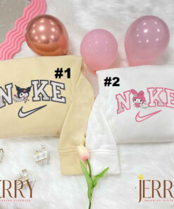 Kuromi and My Melody Nike Embroidered Sweatshirt, Couples Embroidered Hoodies