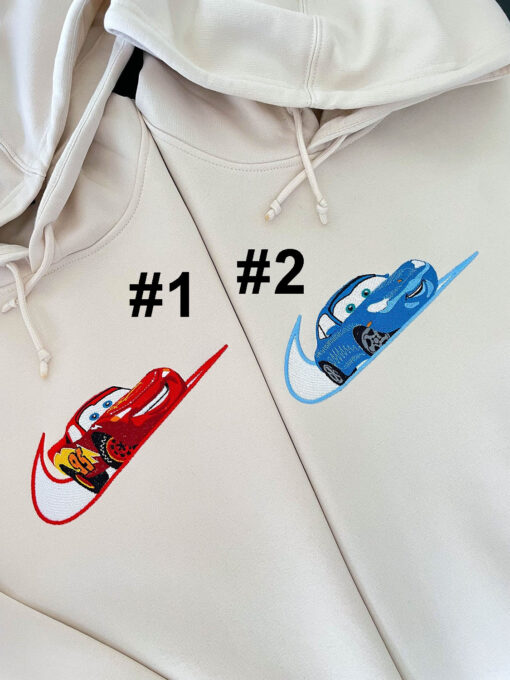Cute Lightning Mcqueen And Sally Disney Nike Embroidered Sweatshirt, Couples Embroidered Hoodies