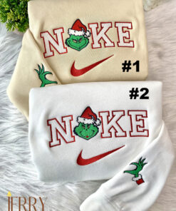 Mrs And Mr Grinch Face Christmas Nike Embroidered Sweatshirt, Christmas Gift for Couple
