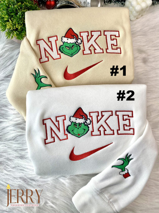 Mrs And Mr Grinch Face Christmas Nike Embroidered Sweatshirt, Christmas Gift for Couple