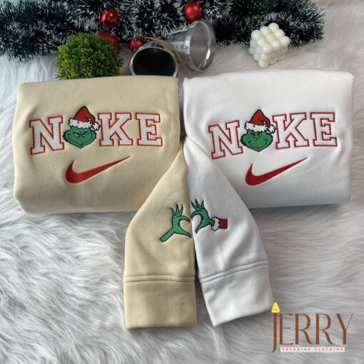 Mrs And Mr Grinch Face Christmas Nike Embroidered Sweatshirt, Christmas Gift for Couple - Image 2
