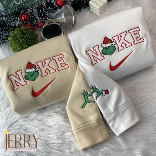 Mrs And Mr Grinch Face Christmas Nike Embroidered Sweatshirt, Christmas Gift for Couple - Image 3