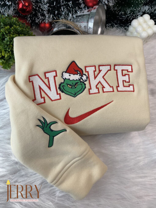 Mrs And Mr Grinch Face Christmas Nike Embroidered Sweatshirt, Christmas Gift for Couple - Image 4