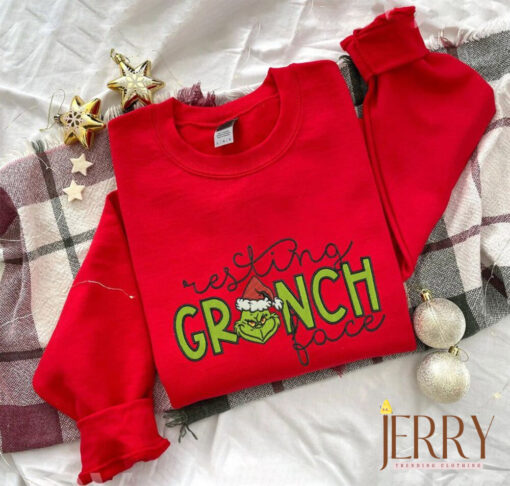 Resting Grinch Face Christmas Embroidered Sweatshirt, Funny Christmas Grinch Sweatshirt, Happy New Year, Xmas Gift - Image 2