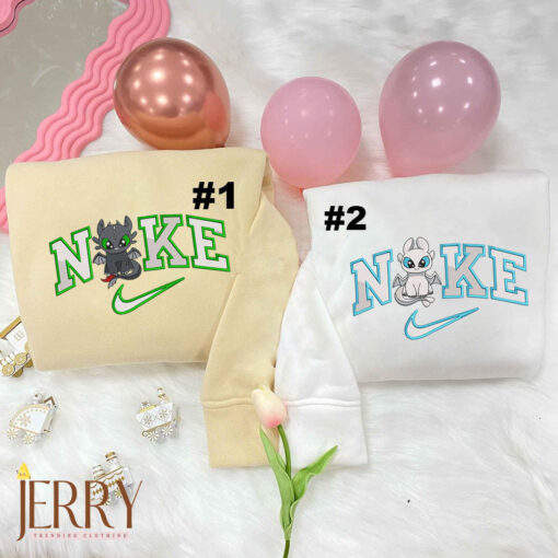 Toothless and Light Fury  Disney Nike Embroidered Sweatshirt, Couples Embroidered Hoodies