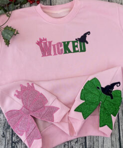 Wicked Glitter Side Bow Sweatshirt, Elphaba and Glinda Crewneck Hoodie, Wicked Embroidered Sweatshirt