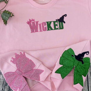 Wicked Glitter Side Bow Sweatshirt, Elphaba and Glinda Crewneck Hoodie, Wicked Embroidered Sweatshirt