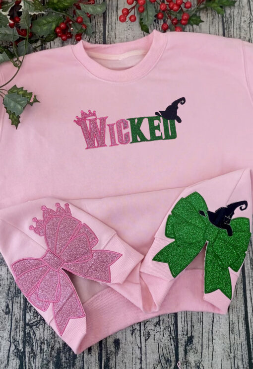 Wicked Glitter Side Bow Sweatshirt, Elphaba and Glinda Crewneck Hoodie, Wicked Embroidered Sweatshirt