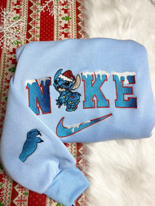Stitch And Angel Disney Christmas Nike Embroidered Sweatshirts - Image 2