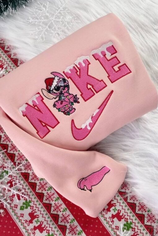 Stitch And Angel Disney Christmas Nike Embroidered Sweatshirts - Image 3