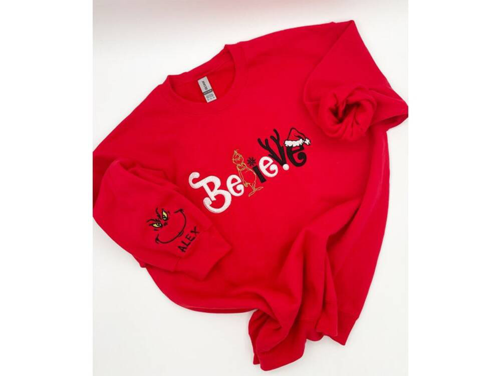 Embroidered Christmas Grinch believe embroidery sweatshirt/grinch face personalized sleeve, Y2K Style Crewneck| Merry Shirt, Santa SHIRT - Image 2
