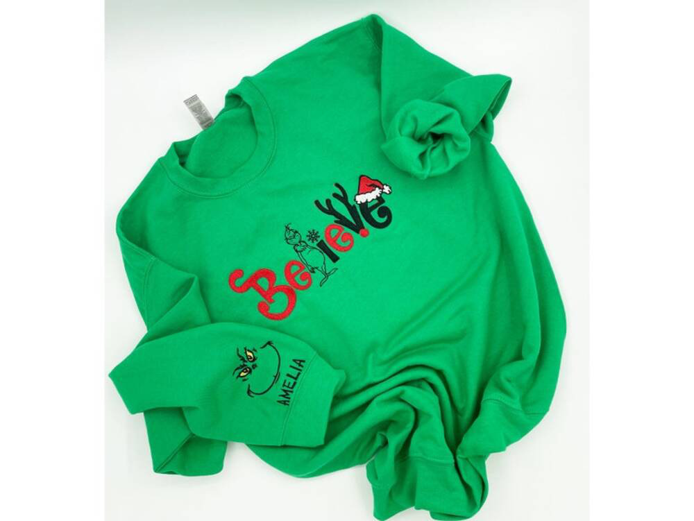 Embroidered Christmas Grinch believe embroidery sweatshirt/grinch face personalized sleeve, Y2K Style Crewneck| Merry Shirt, Santa SHIRT - Image 3