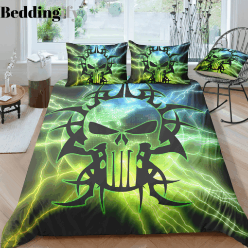Green Blue Thunder Skull Bedding Set feliz dia de las madres bed aesthetic cozy bed