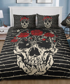 cozy bed cozy bedroom aesthetic mother's day Barbed Wire Stripes Roses Skull Bedding Set